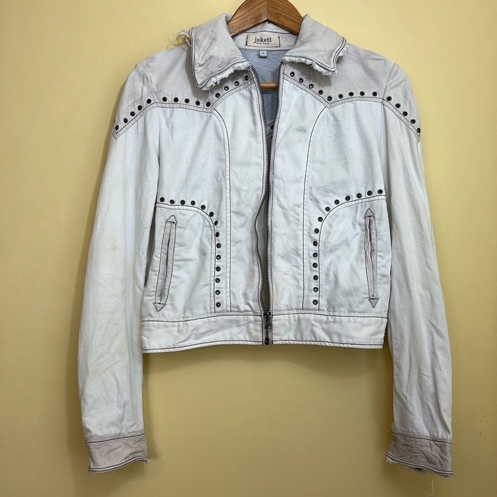 Jakket NY | Cream White Leather & Twill Riveted Studded Zip Pocket Moto Jacket S - Picture 1 of 16